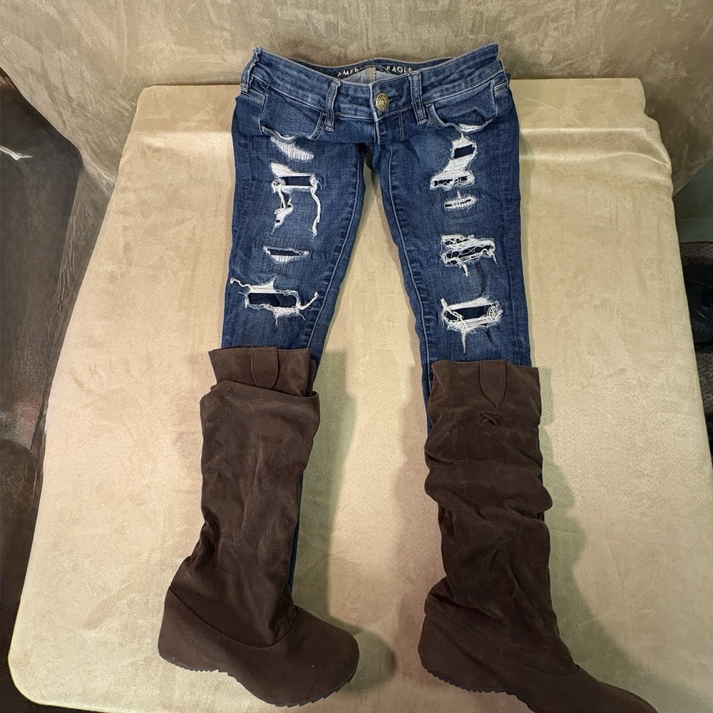 American Eagle Next Level Jeggings Women's Skinny Jeans Blue Distressed Size 4